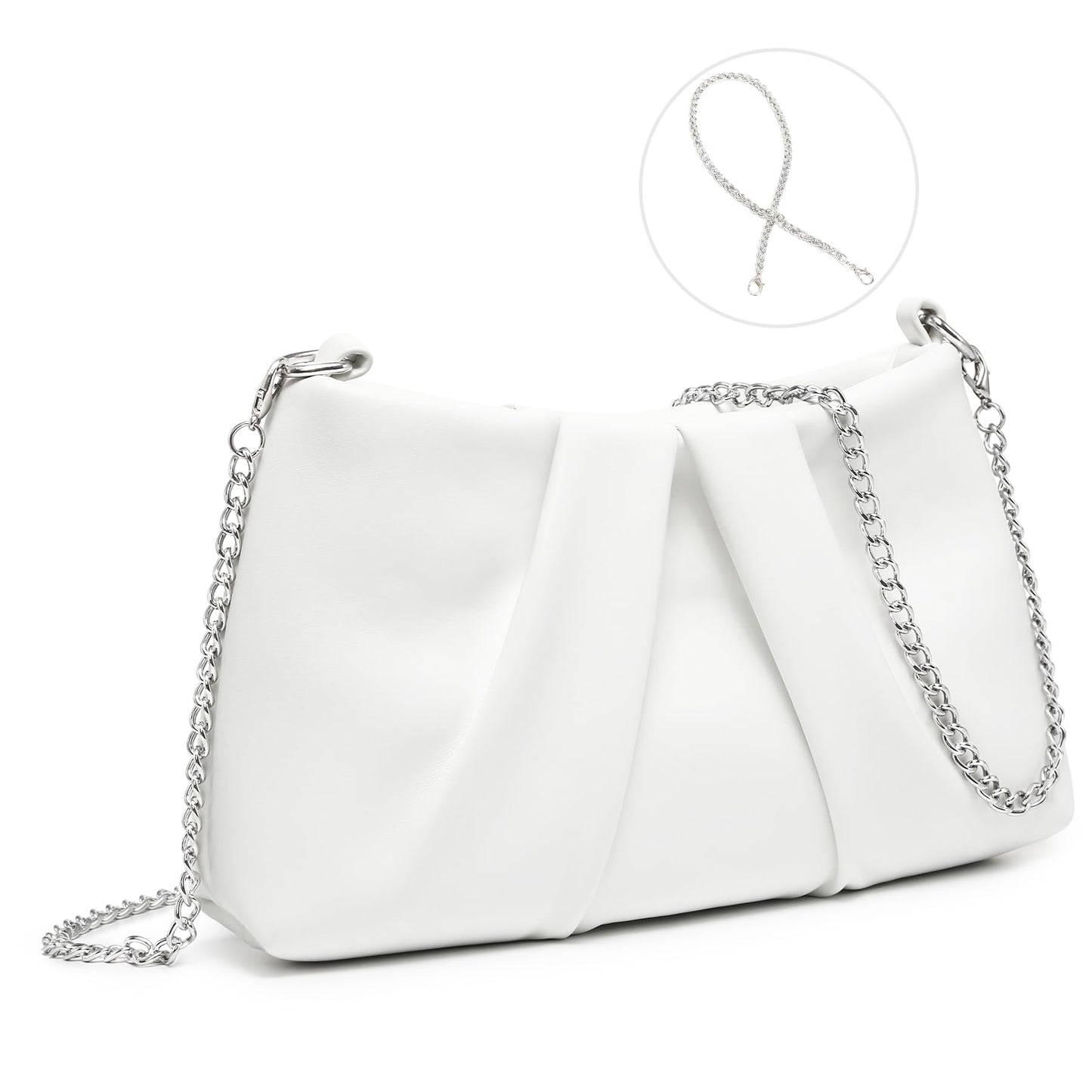 Dasein Elegant Pleated Evening Bag Soft Vegan Leather Clutch Purse Dressy Formal Handbag with 2 Chain Straps for Women (White)