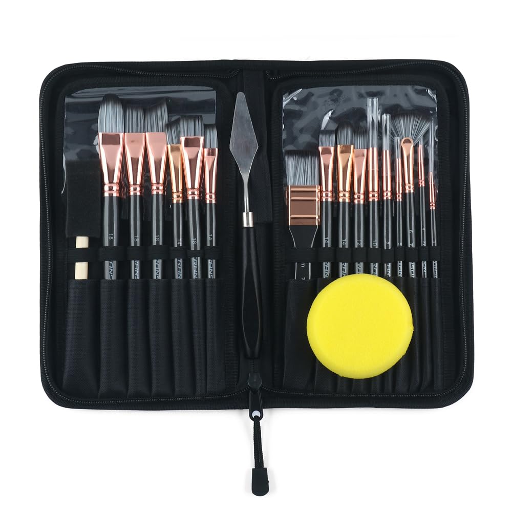 Transon 20Pcs Art Paint Brush Kit with Storage Case, 16 Brushes + Foam Brush Spatula Sponge for Acrylic Oil Watercolor Gouache, Adults Teens Beginners Art Supplies