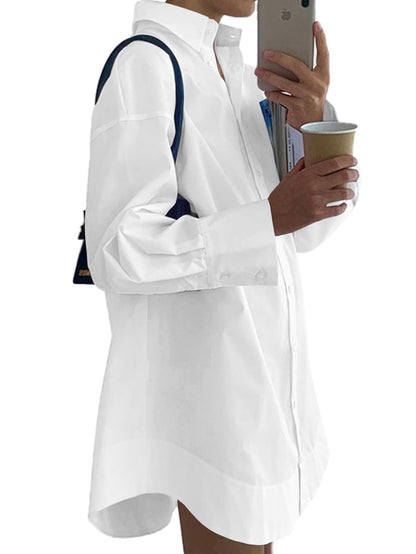 LYANER Women's Casual Shirt Dress Collar V Neck Button Down Loose Long Sleeve Mini Dresses White Small