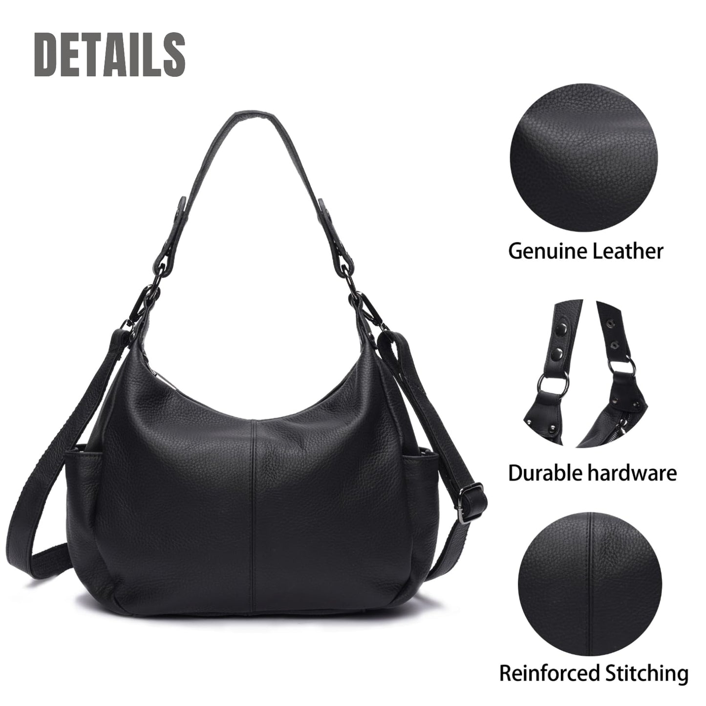 Genuine Leather Purses for Women Black Hobo Bag Work & Casual Crossbody Handbag with Two Adjustable Straps