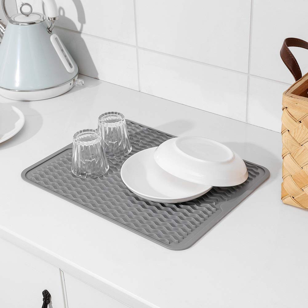 MicoYang Silicone Dish Drying Mat for Multiple Usage,Easy clean,Eco-friendly,Heat-resistant Silicone Mat for Kitchen Counter or Sink,Refrigerator or drawer liner Grey L 16 inches x 12 inches