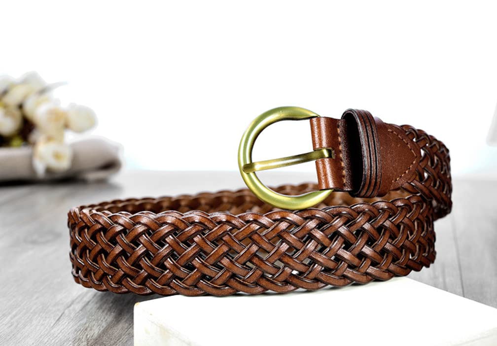 ANNULOYA Women Leather Braided Belts for Dress 1.2 Inch Hand Made Soft Girls Woven Wasitbands with Round Gold Buckle (Brown, Free Size)