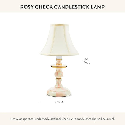 MACKENZIE-CHILDS Candlestick Lamp, Decorative Lamp for Living Room or Bedroom, Pink-and-White Rosy Check