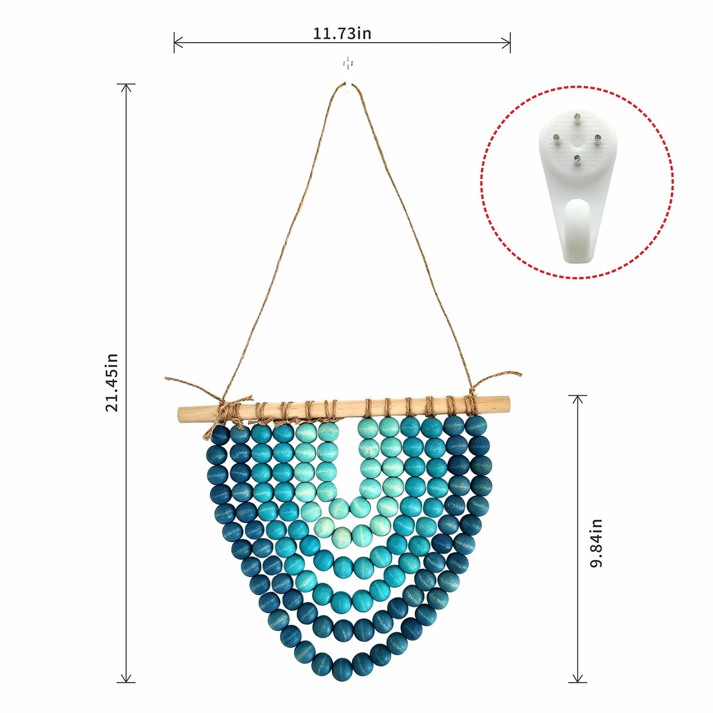 Boho Wooden Bead Garland Wall Hanging Tapestry Ombre Gradient Blue Handmade Wood Beaded Wall Art Natural Theme Coastal Wall Decor for Living Room Bedroom Entryway Apartment Dorm Home Office Decoration