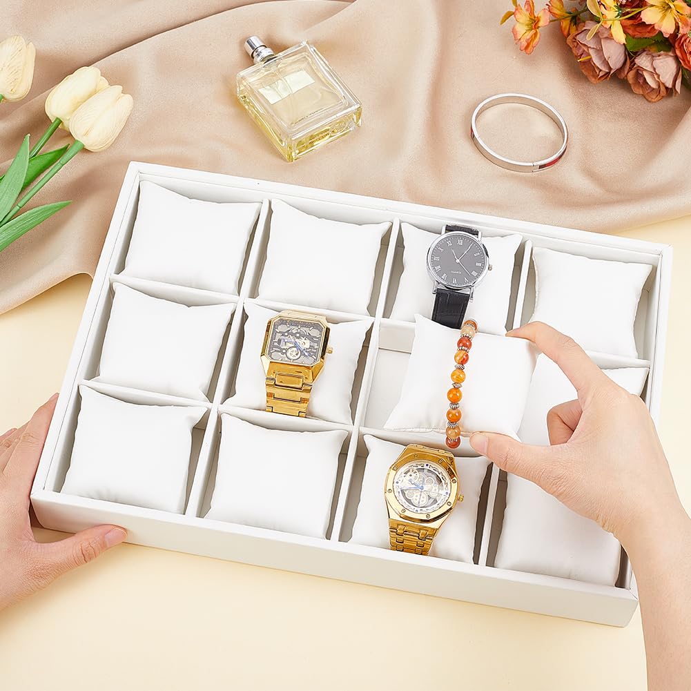 PH PandaHall Leather Watch Tray, White 12 Grid Watch Organizer Jewelry Tray Stackable Bracelet Bangle Display Case Holder Jewelry Show Trays Watch Drawer Organizer for Men Women Watches