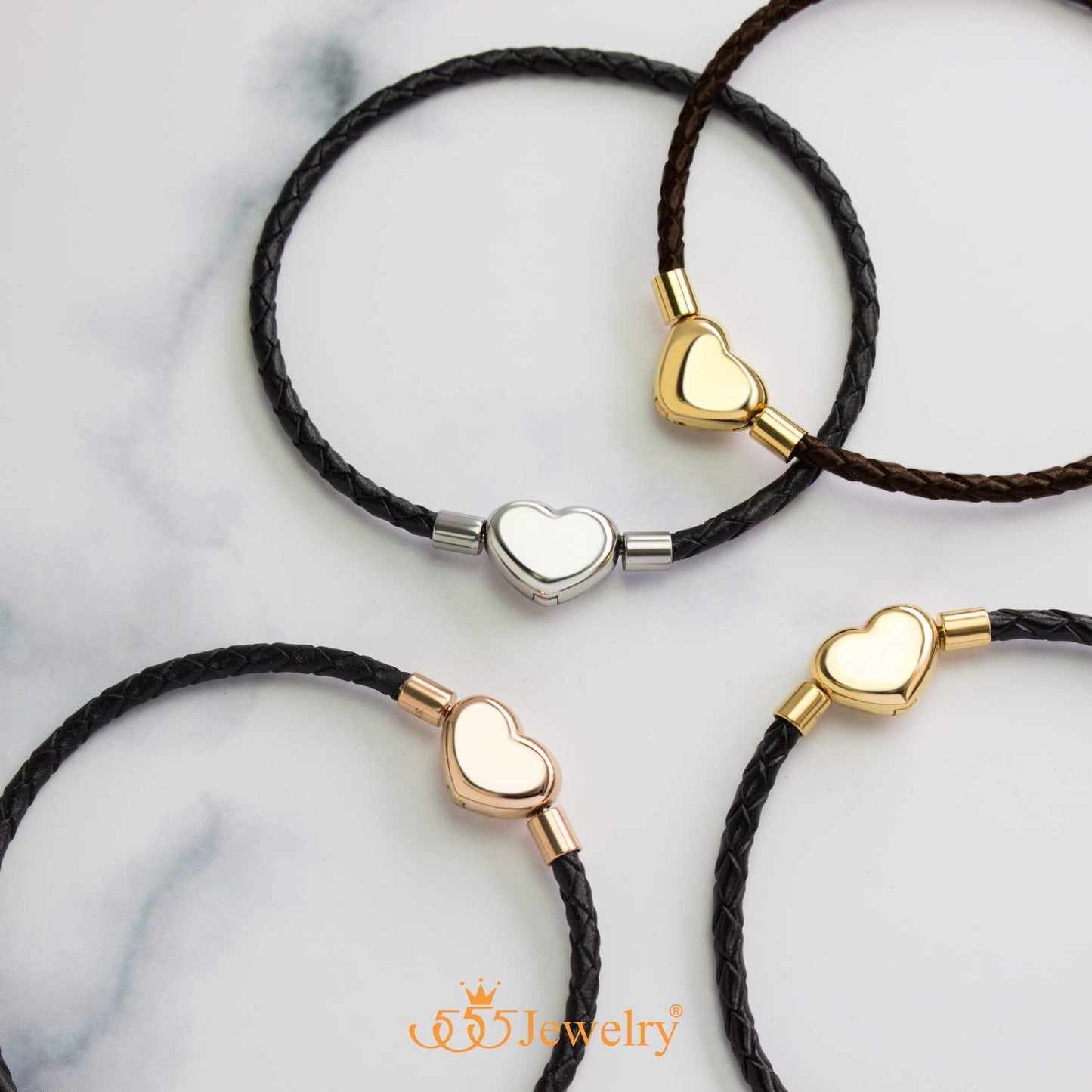 555Jewelry Stainless Steel Heart Charm Bracelet, Black Bracelet for Women, Braided Leather Charm Bracelet, Black Leather Bracelet for Women - Silver Heart, 6.5 Inch