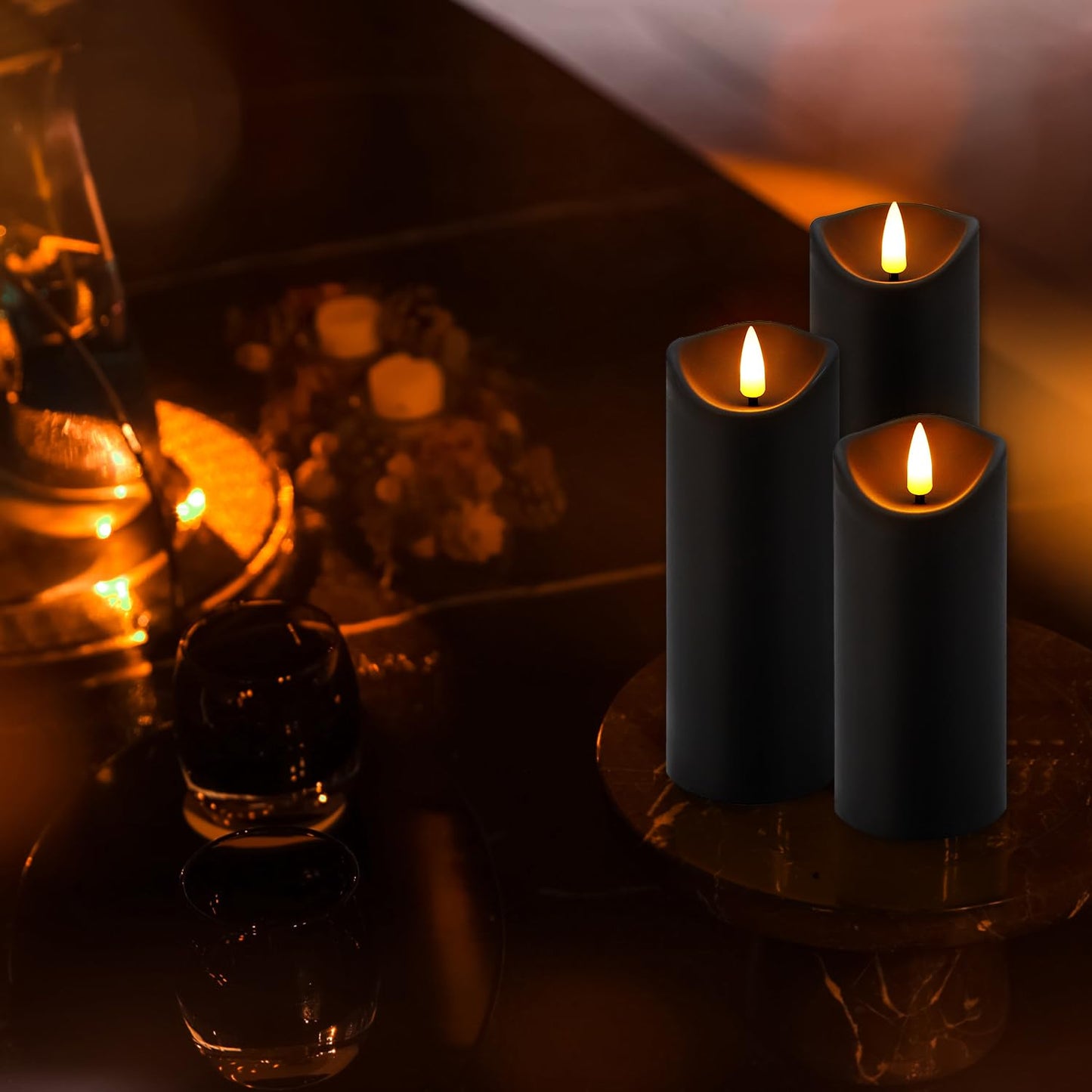 fclayvts Realistic Flameless LED Candle Black Set of 24, Battery Operated with Remote Control, 3D Flame Pillar Timer Funtion Melted Top Safe,Perfect for Indoor/Outdoor Decor,Wedding,BBQ and Gift