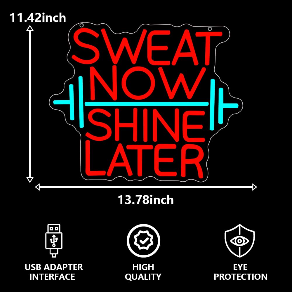 RuCvixkt Sweat Now Shine Later Neon Sign, Neon Light for Home Gym Led Weight Lighting Man Cave Decor, Dimmable USB Powered Signs Gift for Boy Girl Sport Lover