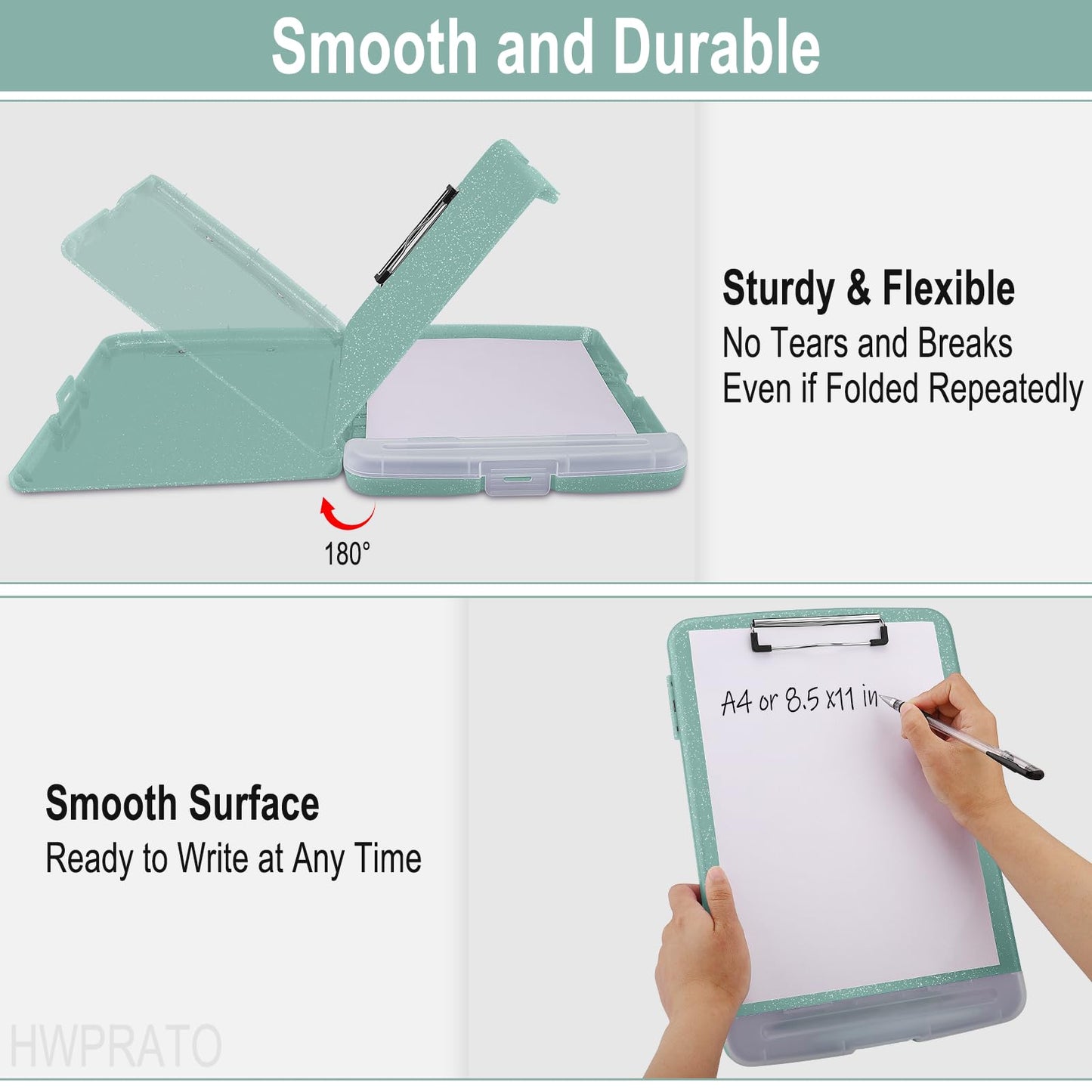 HWPRATO Glitter Clipboard with Storage, Clip Boards 8.5x11 with Pen Holder, Binder Clipboards with Low Profile Clip Heavy Duty Plastic Nursing Clipboard Folder Side Opening (Glitter Grayish Green)