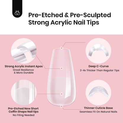 Beetles Tipex Gel Nail Kit, Medium Almond Nail Tips 224 Pcs 16 Sizes Pre-Building Pre-Etched Thick Acrylic Tips with Tipex Glue, Mini Lamp