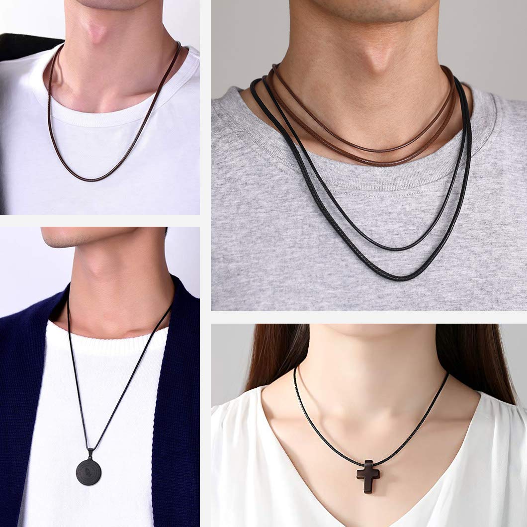 U7 Men Women Braided Leather Cord Necklace with Stainless Steel Snap Clasp 3mm Wide DIY Waterproof Woven Brown Rope Chain 20 Inch