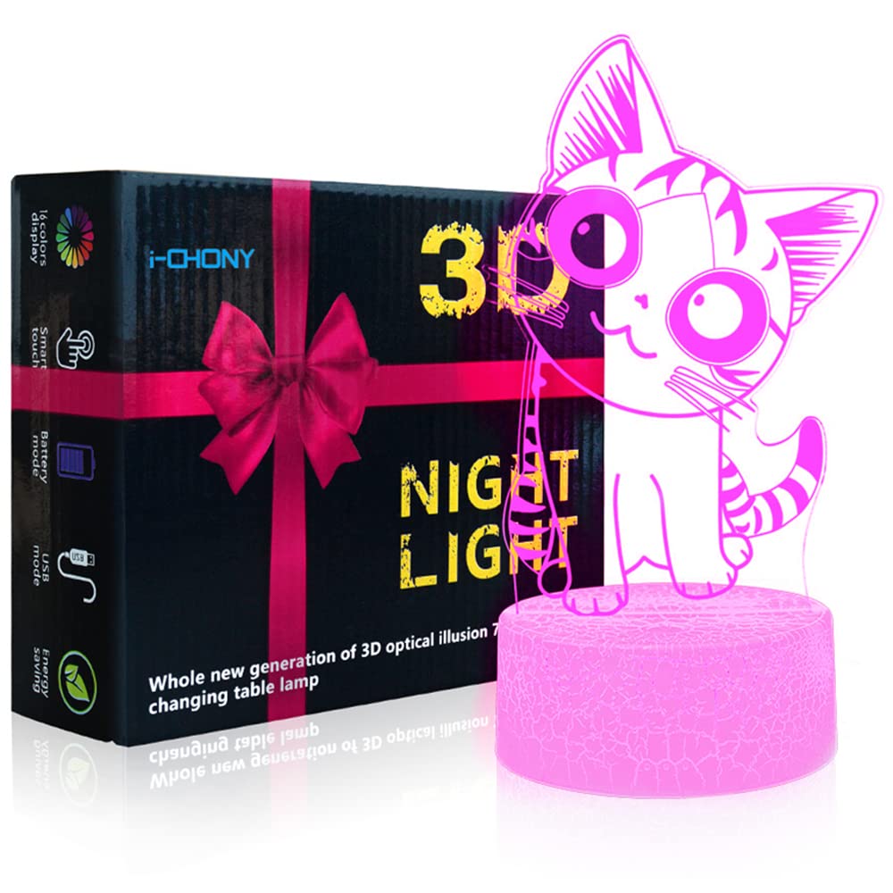 i-CHONY Cat Night Light, 3D Optical Illusion Lamp, 16 Colors