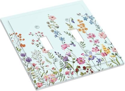 Rustic Wild Floral Vintage Blue Watercolor Flower Double Toggle Light Switch Covers Decorative Unique 2 Gang Wall Plate Dual Electrical Faceplate Switchplate for Bathroom Bedroom Decor