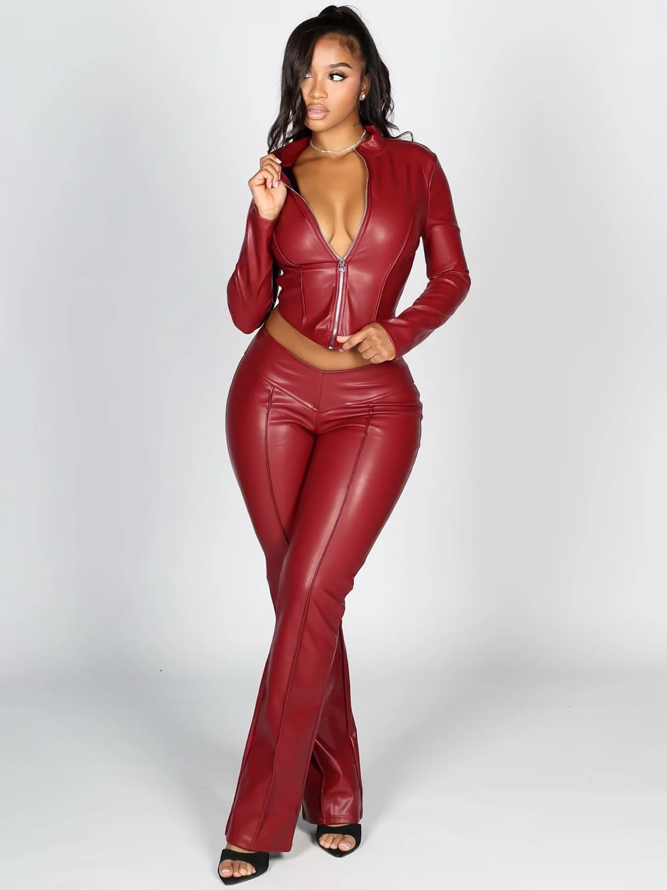 BIUPOS Women’s 2 Piece Sets Zip Up Long Sleeve Leather PU Jacket Flare Pants Set Fall Y2K Streetwear Date Night Club Outfits