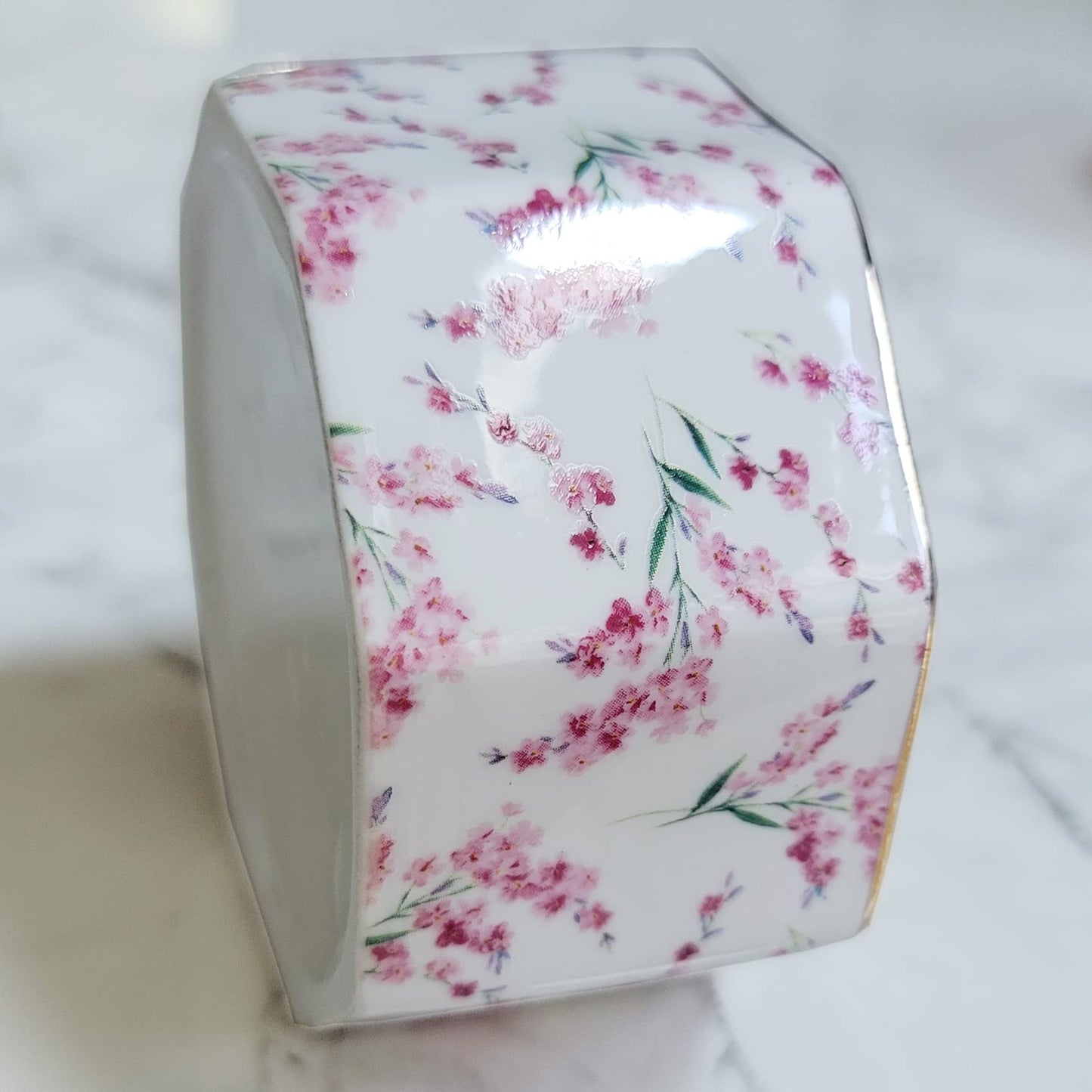 LEAZUL Ceramic Paper Clip Holder Gold Line Paper Clip Dispenser Organizer for Desk Cute Floral Pattern Office Binder Clip Holder Bobby Pin and Hair Clip Holder Gift for Office Pink Flowers