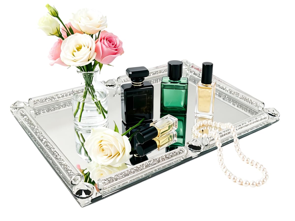 HMRCYTE Crystal Glass Tray, 11.8" x 7.9" Crushed Diamond Silver Mirror Perfume Makeup Display Tray, Noble Jewelry Trinket Vanity Trays, Ornate Rectangular Cosmetics Dresser Decoration for Home Decor