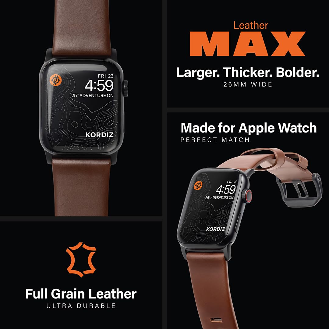 KORDIZ Modern Leather MAX Band for Apple Watch Series 11 10 9 8 7 6 5 & SE3 SE2 SE [46/45/44mm] – Premium Full-Grain Leather Strap for Men, Rugged Modern Design, Stainless Steel Buckle, Comfortable Everyday Fit – 26mm Wide Leather Band (46/45/44mm | Dark
