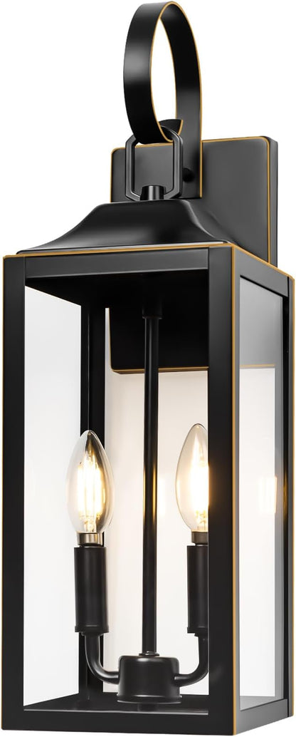 19" Large Outdoor Wall Light - Black Outside Wall Mounted Light Fixture with Gold Trim, Exterior Farmhouse Wall Sconce Lantern, Modern Porch Lighting Exterior Lamp for House 2-Light