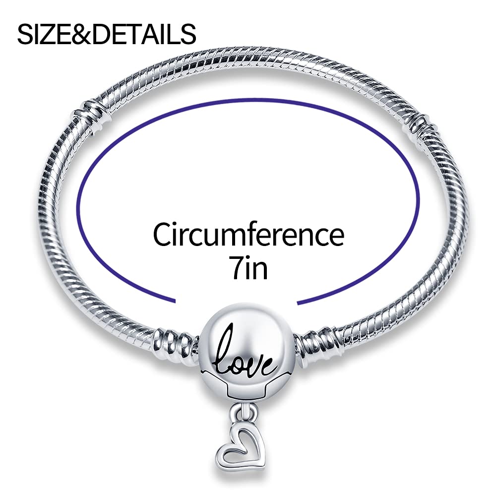 KUNSIR 925 Sterling Silver Snake Chain Bracelet with Love Round Buckle Charm Bracelets for Women Teen