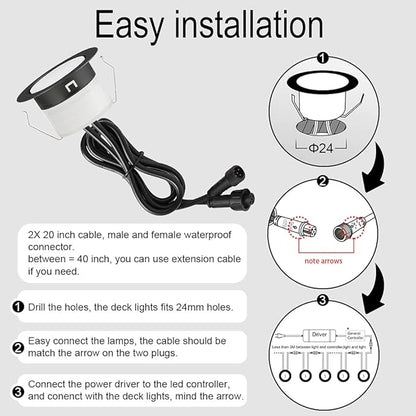 FVTLED Low Voltage Recessed RGBW Deck Light, 50pcs Φ1.22 RGB & Warm White Stainless Steel Waterproof Outdoor Step Lighting In-ground Landscape Pathway Patio Stair Decor Lamp, Black
