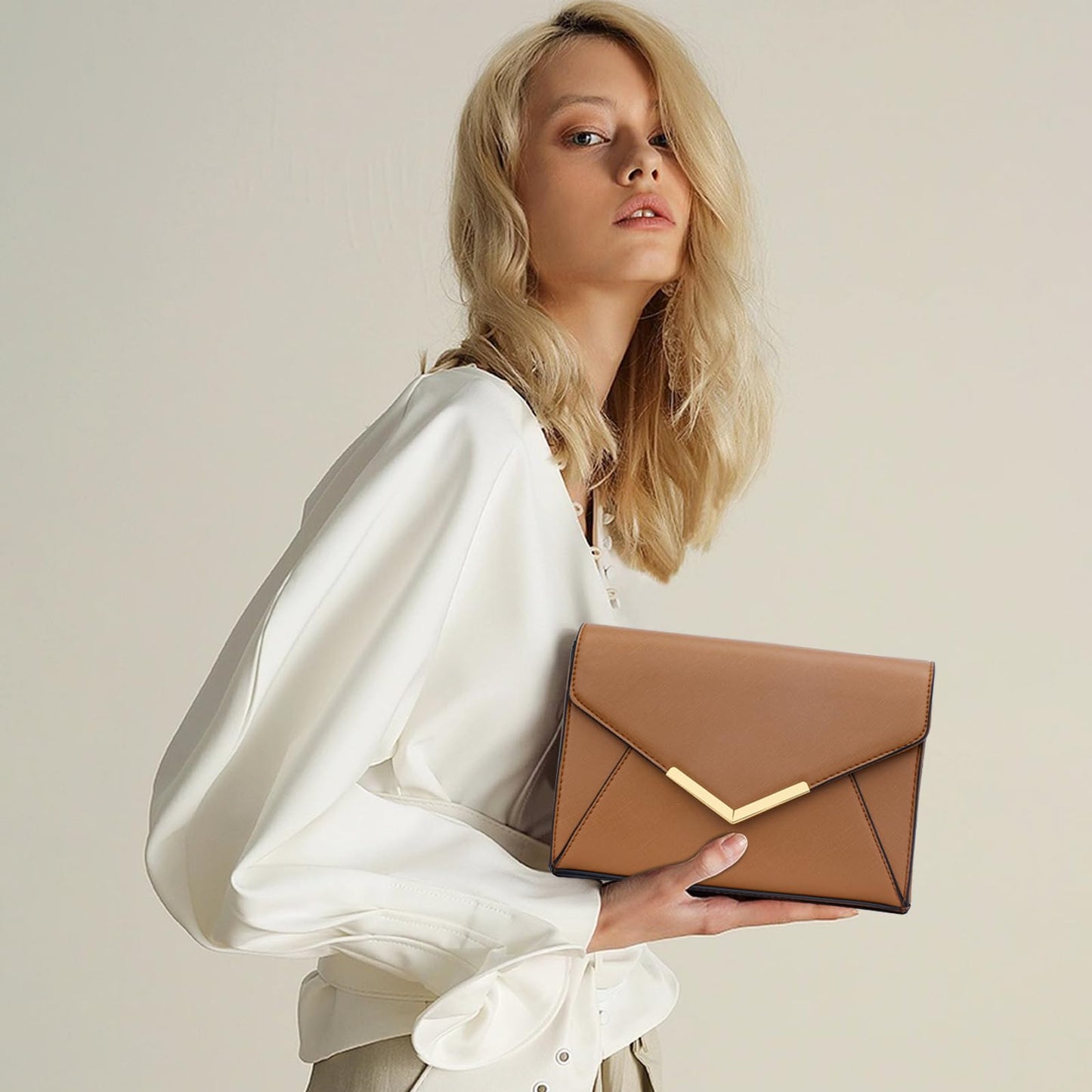KKXIU Women Elegant Faux Leather Evening Envelope Clutch Purse Foldover Bags for Party Wedding Prom (A-Brown)