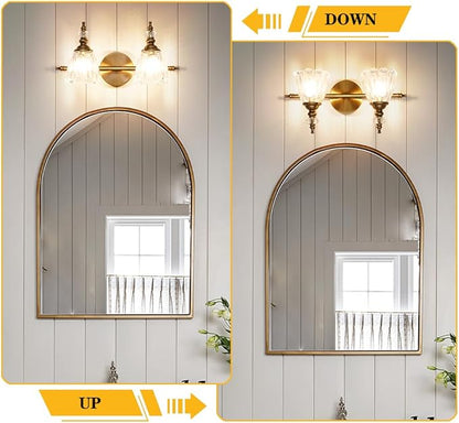 Brass Vanity Light, Farmhouse Brushed Gold Bathroom Light Fixtures, 2 Light Bathroom Vanity Lights, Flower Glass Shade Wall Sconce Lighting