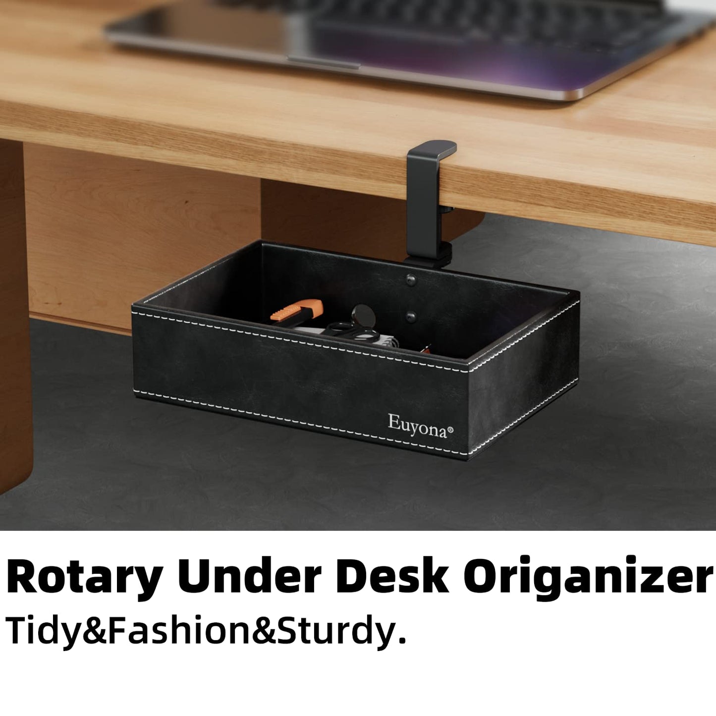 Euyona PU Leather Under Desk Organizer with 360° Rotating Clamp – for Computer Accessories, Stationery, Remote Control & Phone Storage, Black