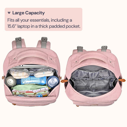 BabbleRoo Diaper Bag Backpack - Travel Large Baby Diaper Bag with Changing pad, Waterproof Baby Bags for Mom & Dad, Unisex Bags with Pacifier Case, Luggage Strap & Stroller Clips– Pink