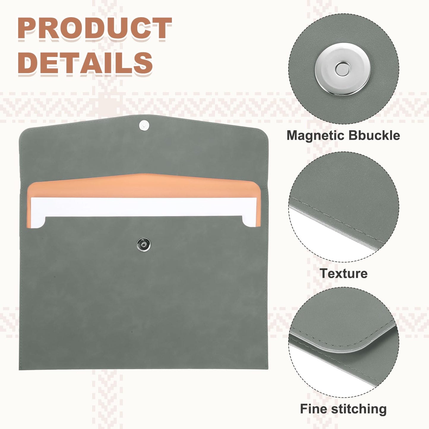 PATIKIL 2Pcs PU Leather File Folders, 13x9 A4 Document Holder Waterproof Envelope Folder with Snap Closure, Portable Portfolio Organizer Case for Paper Receipt, Gray