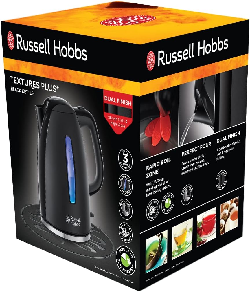 Russell Hobbs Textures+ Kettle [1.7 L, 2400 W, Blue LED Lighting] (Quick Boil Function, Removable Limescale Filter, Illuminated Water Level Indicator, Automatic Lid Opening) Tea Maker 22591-70