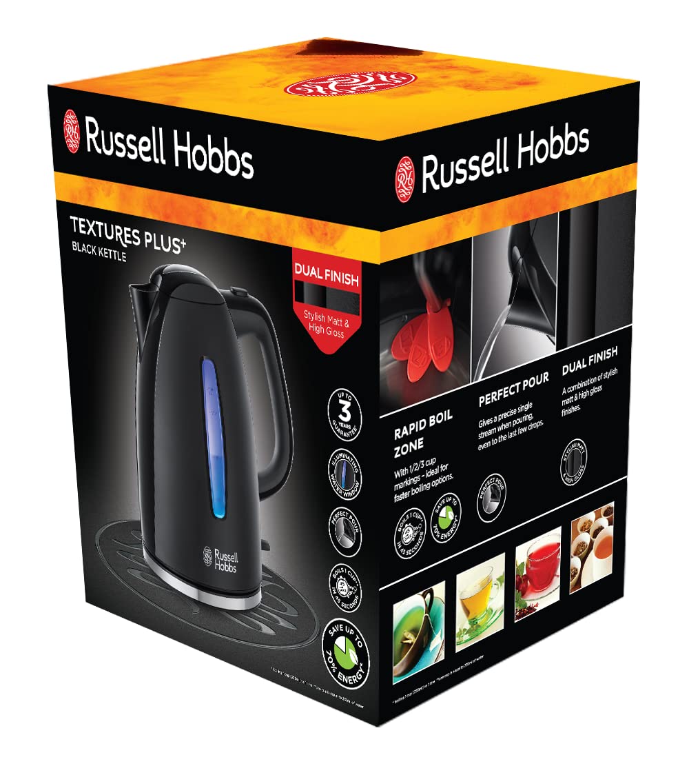Russell Hobbs Textures+ Kettle [1.7 L, 2400 W, Blue LED Lighting] (Quick Boil Function, Removable Limescale Filter, Illuminated Water Level Indicator, Automatic Lid Opening) Tea Maker 22591-70