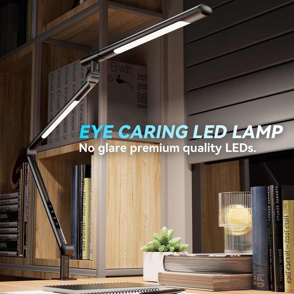 SANDROY VOLT Adjustable LED Desk Lamp Modern Black - Clamp Mount Office Table Light with Desktop Remote Control, Adjustable Brightness & Color Temperature, 5 Lighting Modes for Reading, Computer, DIY