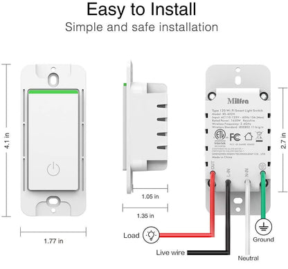 Milfra Smart Light Switch-Smart WiFi Switch 2.4Ghz Compatible with Alexa, Google Assistant,Remote Control/Voice Control and Schedule, Neutral Wire Required, Single-Pole, No Hub Required (4 Pack)