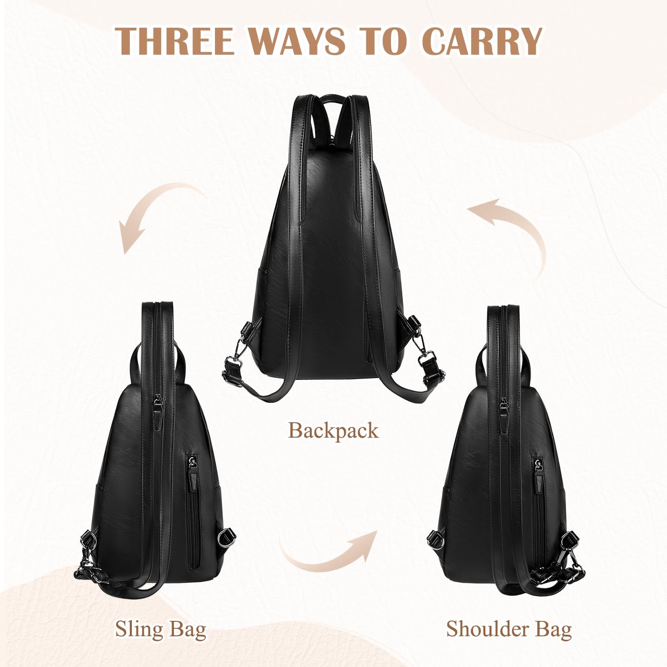 RAVUO Sling Bag for Women, Faux Leather Convertible Backpack Purse Ladies Anti Theft Cross Body Bag with Multi Pockets for Travel Cycling Hiking Shopping,Black