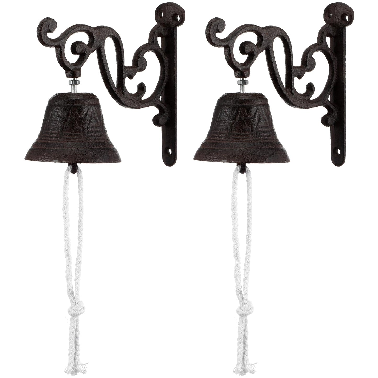 2 Pack Cast Iron Dinner Bells with Rope - Classic Brown Outdoor Hanging Bell for Wall Mount, Farmhouse, Garden, Porch - Loud Sound for Home, Church, Learning Places Decor