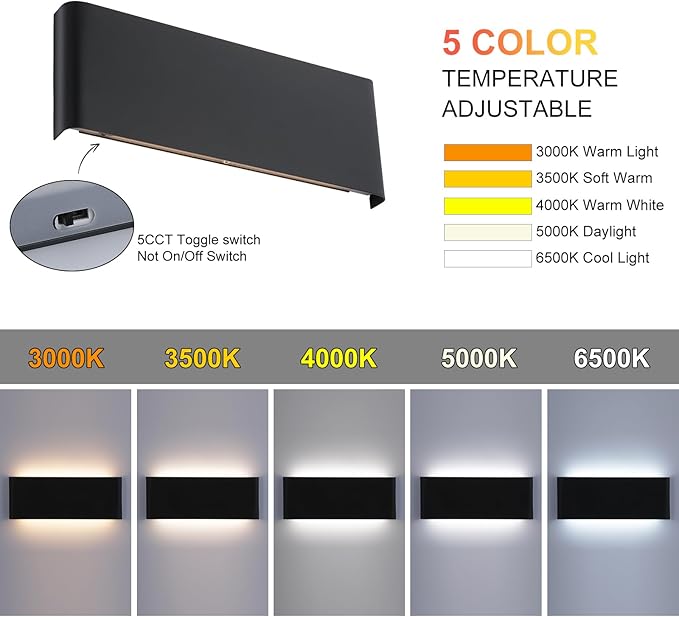 11"Modern LED vanity light,15W Dimmable 5 CCT (3000K-6500K) Adjustable Wall Lamp,Up and Down Wall Lighting,Indoor Wall Sconce for Bedroom,Staircase,Hallway,Dressing Table, 1Pack（Black）