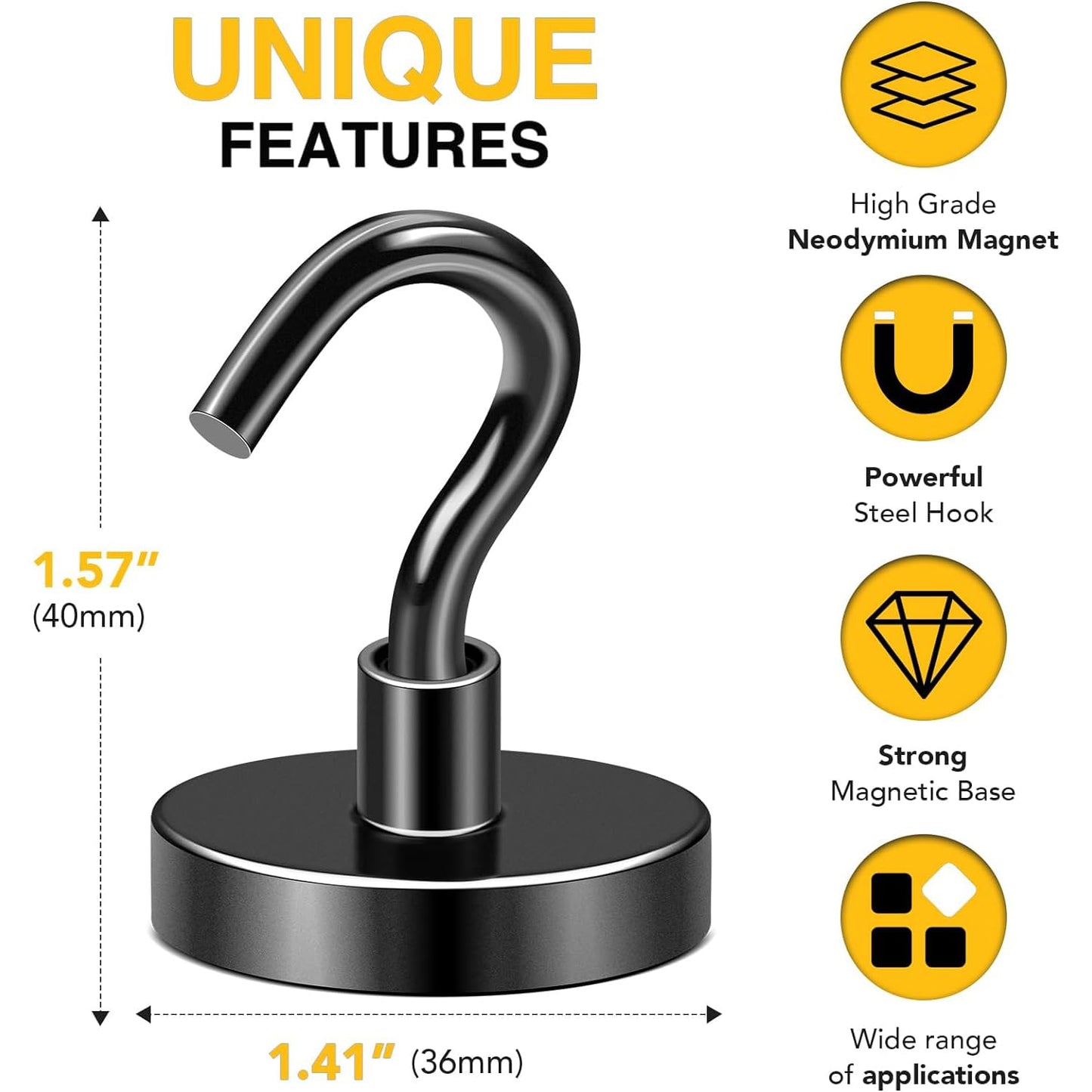 DIYMAG Black Magnetic Hooks, 170 LB Heavy Duty Strong Magnets with Hooks Rare Earth Neodymium Fridge Magnet for Grill Hanging Cruise Cabins Ship Essentials 12 Packs