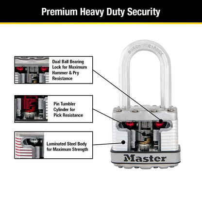 Master Lock Silver Magnum Outdoor Padlock with Key, Keyed Alike Gate Locks for Outdoor Fence or Shed with Long Shackle, 4 Pack, M1XQLFCCSEN