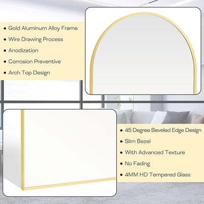 Arched Wall Mirror for Bathroom, 24"x36" Gold Mordern Metal Frame for Entryway Living Room Bedroom Wall Decor