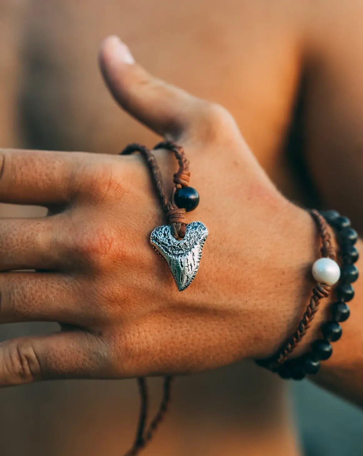 WanderTribes Shark Tooth Silver Plated Necklace Pendant Authentic Leather Cord, Adjustable Premium Pearl Pendant, Handmade Silver Jewelry, Designed Necklace for Men & Women, Jewelry Gifts