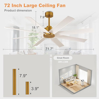 Depuley 72 inch Ceiling Fan without Light, Modern Large Ceiling Fan No Light with Remote Control, Indoor Ceiling Fans for Office Kitchen Living Room, 8 Blades 5-Speed Quiet Reversible DC Motor