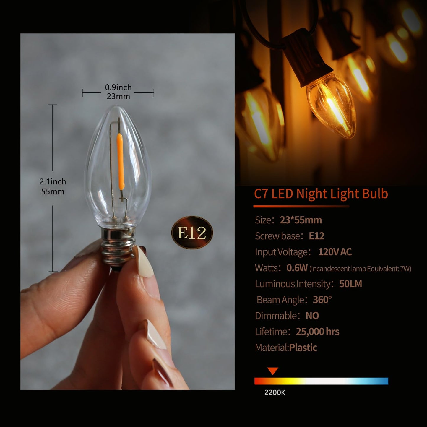 C7 LED Night Light Bulbs, C7 Led Replacement Bulbs for Christmas String Lights, Shatterproof & Waterproof C7 Led Bulbs, E12 Candelabra Base, 0.6W Equivalent to 7W, 2200K Warm White, ‎Plastic 50 Pack