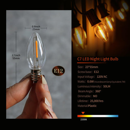 C7 LED Night Light Bulbs, C7 Led Replacement Bulbs for Christmas String Lights, Shatterproof & Waterproof C7 Led Bulbs, E12 Candelabra Base, 0.6W Equivalent to 7W, 2200K Warm White, ‎Plastic 50 Pack