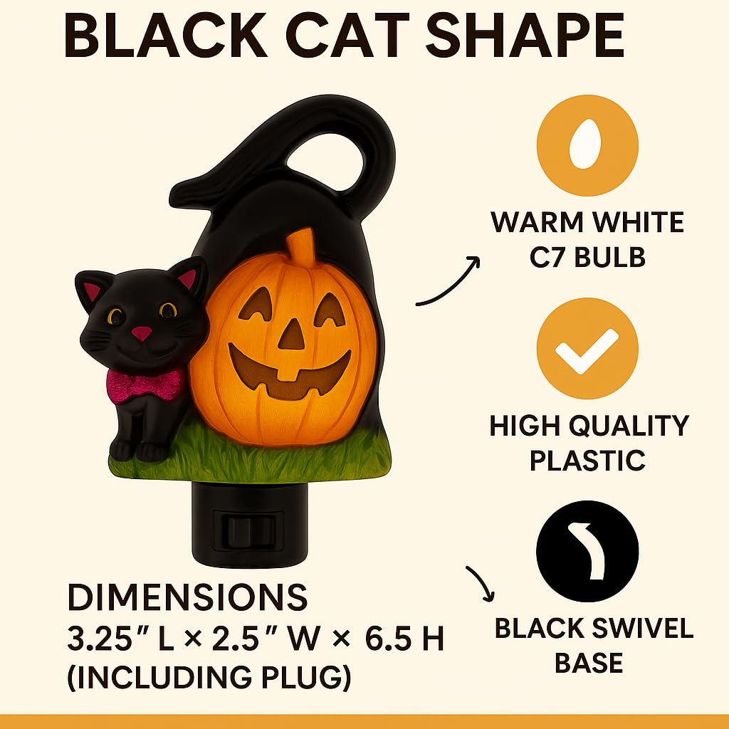 Novelty Lights LED Lamp Pumpkin with Black Cat Halloween Decoration Night Light with Swivel Plug