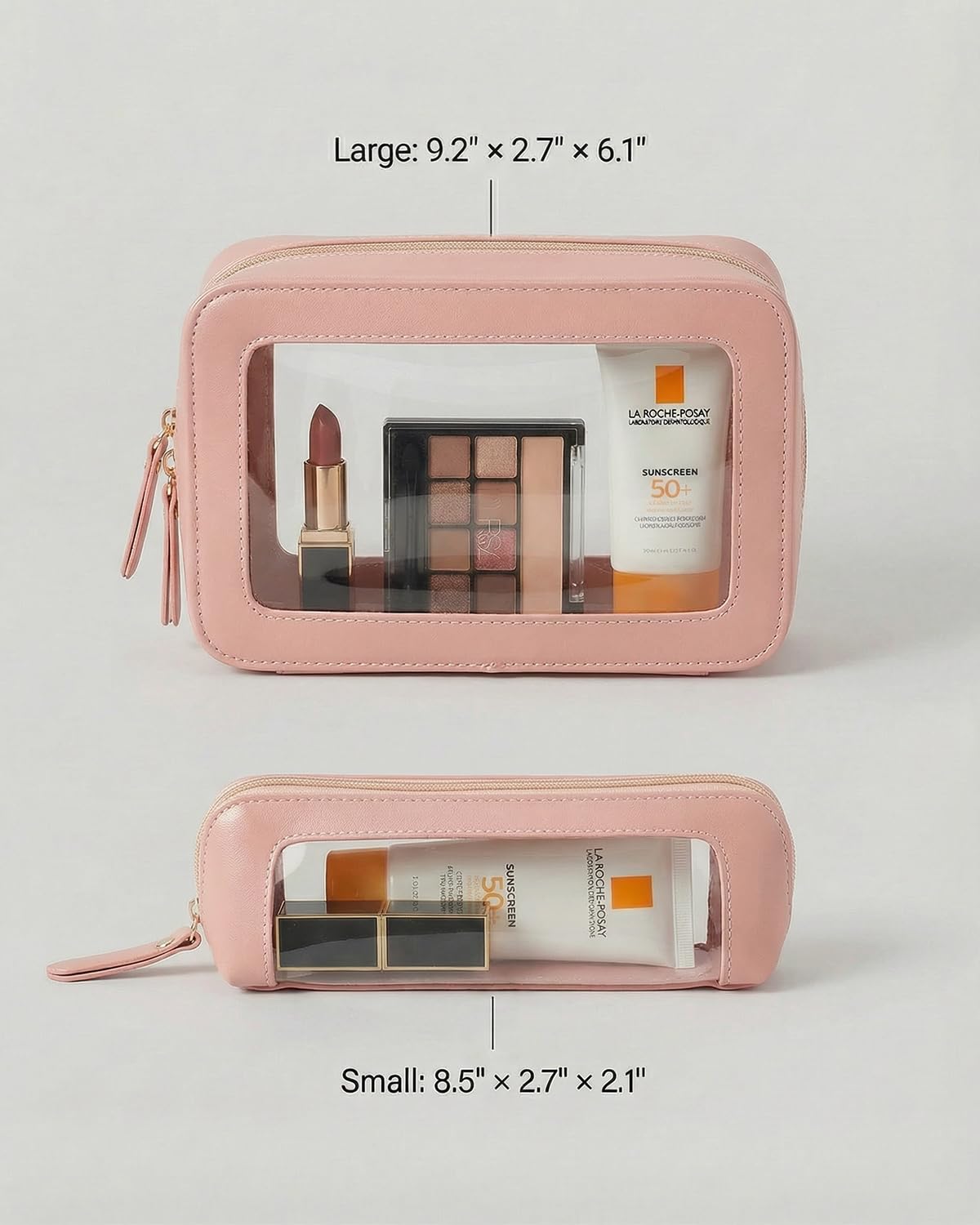 LETGO Clear Travel Makeup Brush Bag, Leather Portable Makeup Brush Bag Organizer Pouch Lipstick Bag Transparent Waterproof Makeup Bag Car Orangizer Storage Bag for Women (Dual Pink)