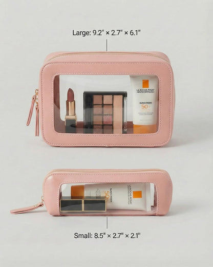 LETGO Clear Travel Makeup Brush Bag, Leather Portable Makeup Brush Bag Organizer Pouch Lipstick Bag Transparent Waterproof Makeup Bag Car Orangizer Storage Bag for Women (Dual Pink)