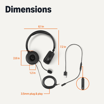 Amazon Basics On Ear Wired Computer Headset with Adjustable Microphone, 3.5mm Port or in-Line Control with USB-A Port, Foldable, Clear Sound, Small/Medium Size, Black