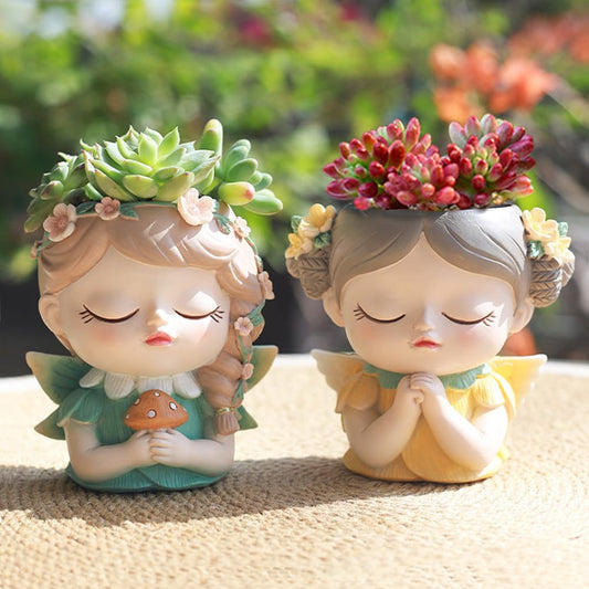Argofox Small Angel Girl face Succulent Plant Pot 2 Pack with Drainage Hole Indoor Unique Cute Flower Vases Decor with Girl Face Planter Chic Gardening Lover Gifts Idea
