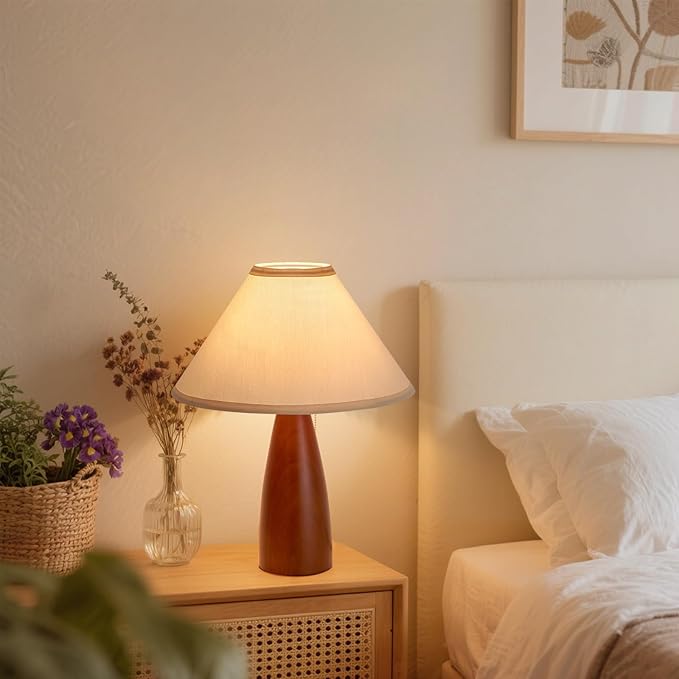 Bedside Table Lamp for Bedroom, Mid-Century Modern Plug in Fabric Shade & Solid Wood Base Desk Lamp, Plug & Play Warm Brown Nightstand Lamp for Living Room, Office, Switch Power Cord 【Bulb Included】