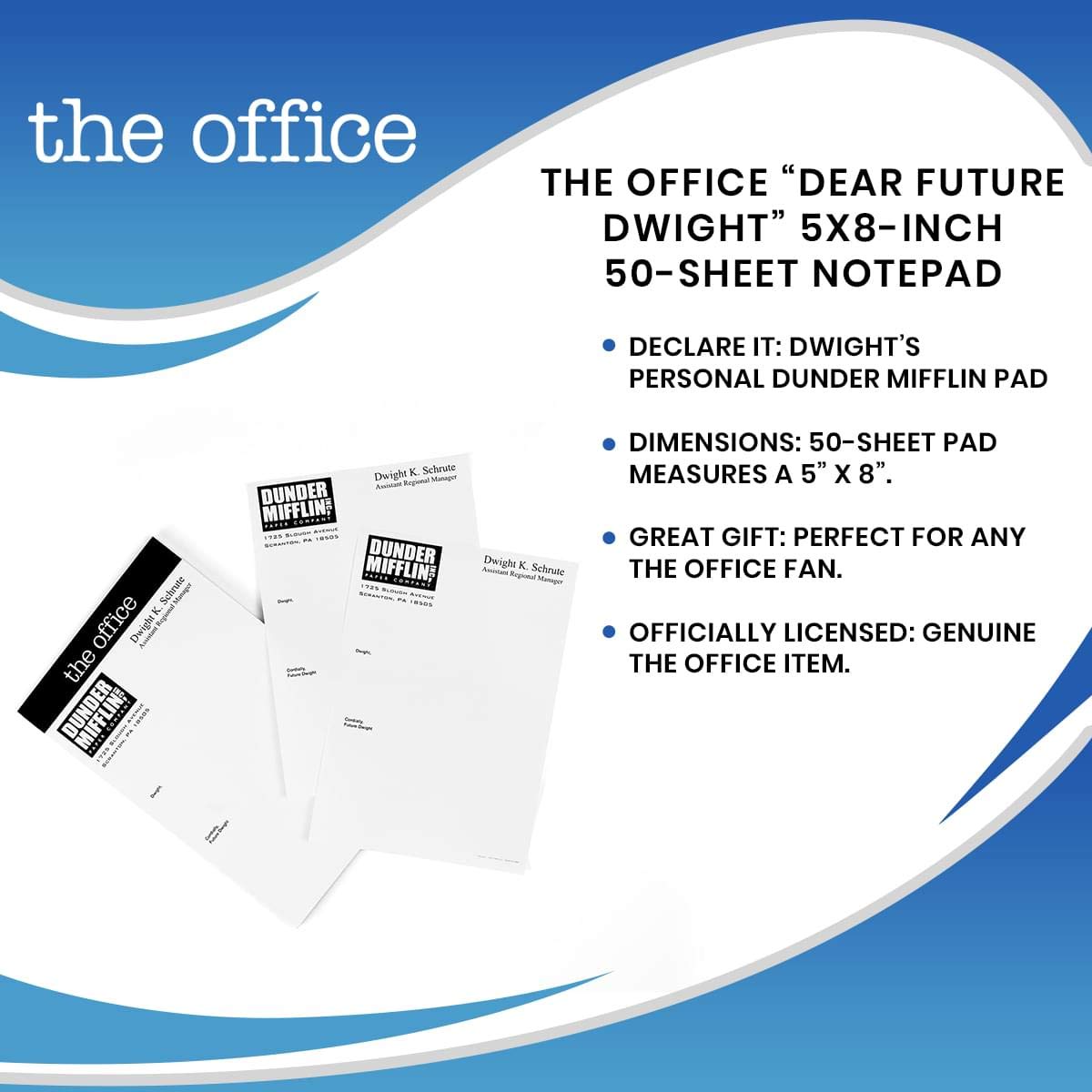 JUST FUNKY The Office “Dear Future Dwight” Notepad - Novelty 5X8-Inch, 50-Sheet Memopad - Looks Like Dunder Mifflin Paper Company'S Dwight K. Schrute Blank Memos, Funny Tablet For Work, Home, School